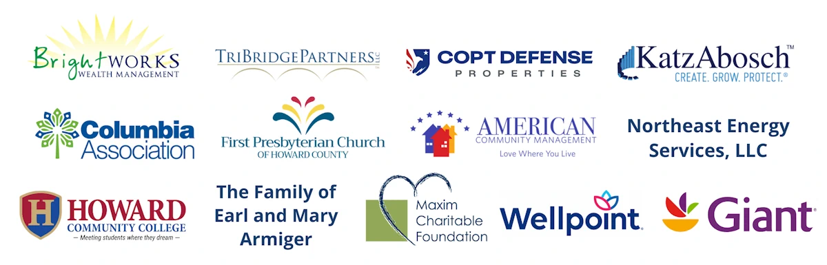 Displays logos of the following companies: BrightWorks Wealth Management, Columbia Association, TriBridge Partners, First Presbyterian Church of Howard County, and Wellpoint.